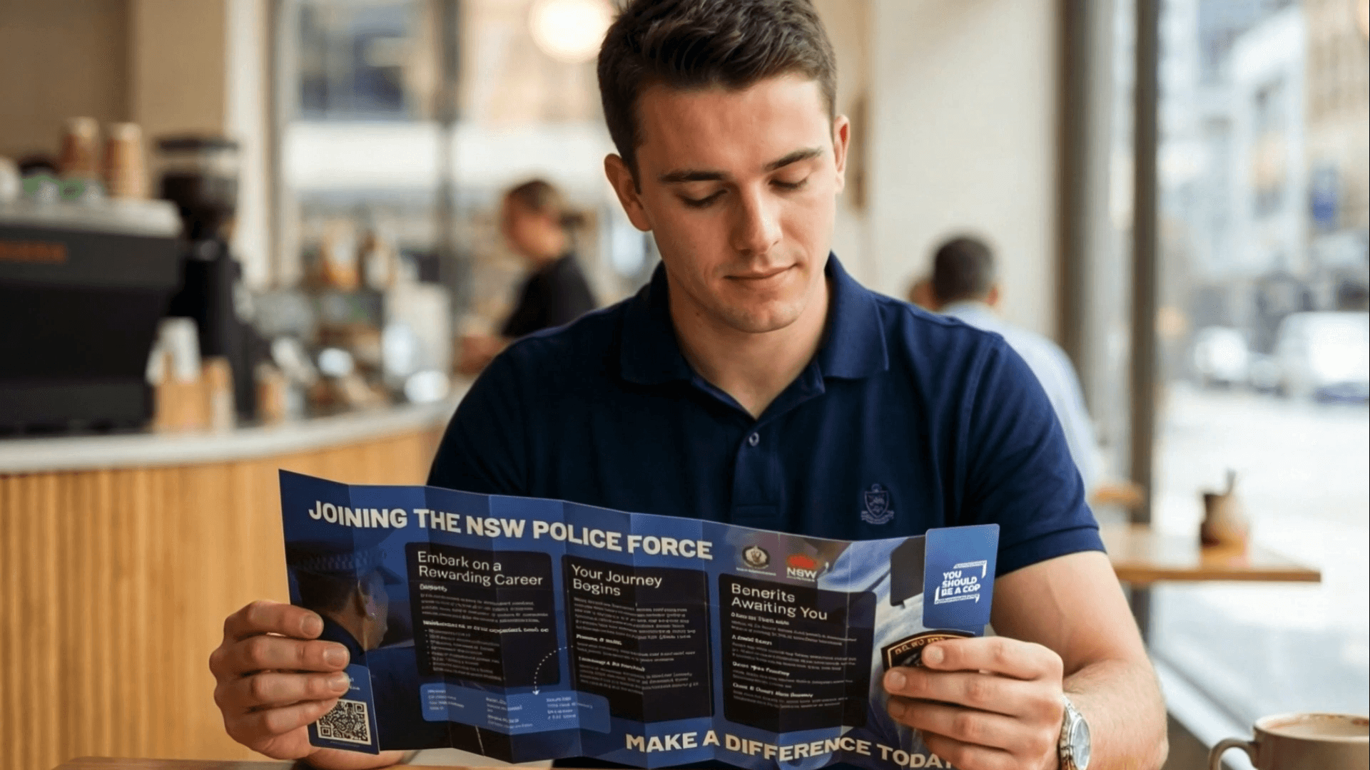 A person reading an open Z-CARD in a cafe